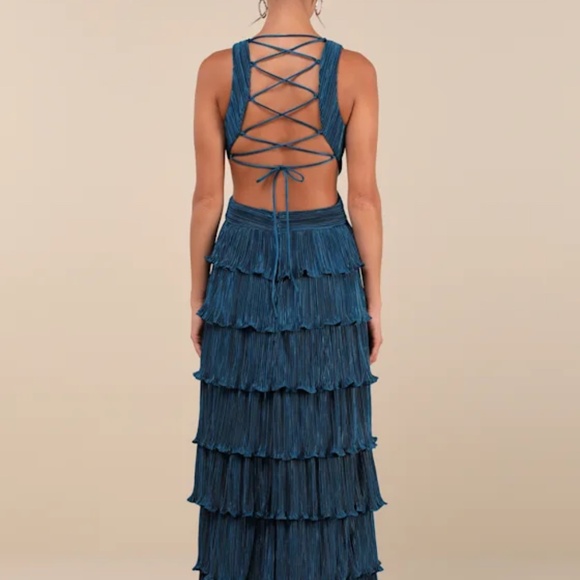 Lulus Beauty Icon Dark Teal Satin Pleated Tiered Lace-up Maxi Dress Blue - Picture 2 of 4
